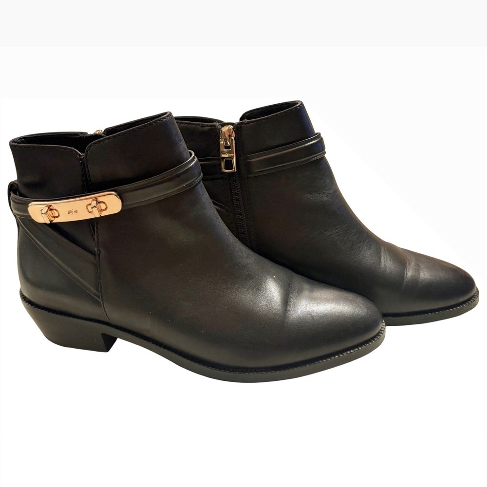 $345 COACH Coleen Sft Shine Black Leather Booties‎ Ankle Boots Gold Turnlock 6.5